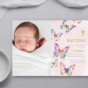 Modello di invito al battesimo delle bambine con foto, invito al battesimo con farfalla, modello di invito al battesimo rosa, battesimo LDS DOWNLOAD DIGITALE MC17