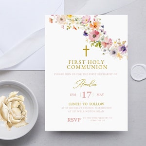 Pink First Holy Communion Invitation, Floral Watercolor Communion Invite, 1st Communion Invite, Girl Communion Invite DIGITAL DOWNLOAD MC6