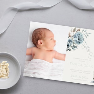 Custom Photo Birth Card, Dusky Blue Floral Sip And See, Meet & Greet Invitation Boy, Boho Meet and Greet Template Girl DIGITAL DOWNLOAD