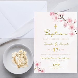 Twin Girl Baptism Invitation, Cherry Blossom Baptism Party Invite, Printable Baptism Template, Religious Invitation, DIGITAL DOWNLOAD MC02
