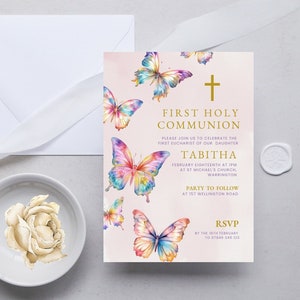 Schmetterling erste heilige Kommunion Einladung, Mädchen erste heilige Kommunion einladen, rosa heilige Kommunion bearbeitbare Canva DIGITAL DOWNLOAD MC17