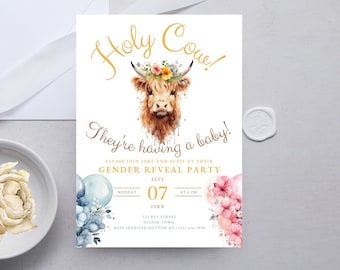 Editable Gender Reveal Invitation, Holy Cow Gender Reveal Invite, Boy/Girl Baby Shower, Printable Highland Cow Canva DIGITAL DOWNLOAD MC92