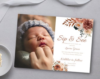 Fall Sip and See Invite Editable Autumn Baby Shower Invitation Printable Instant Download Terracotta Floral Design DIGITAL DOWNLOAD MC9