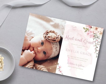 Printable Photo Birth Card,  Blush Pink Floral Sip And See, Meet & Greet Invitation Girl, Boho Meet and Greet Template DIGITAL DOWNLOAD