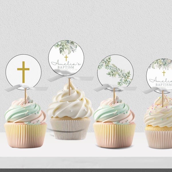 Baptism Cupcake Toppers, Green and Gold Baptism Cake Toppers, Printable Baptism Cupcake Toppers, Editable Cake Tops, DIGITAL DOWNLOAD MC09
