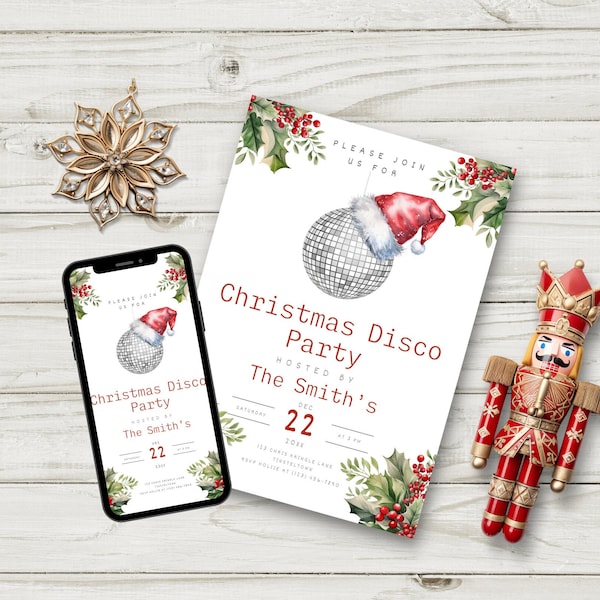 Disco Christmas Party Invitation Template, Festive Disco Text, Retro Christmas Party Invite Printable, Boho Holiday Party Instant Download