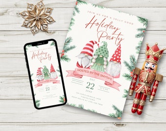 May include: A digital invitation for a holiday party with a festive design featuring three gnomes, a red ribbon, and pine branches. The invitation text reads "Join us for a jolly good Holiday Party" and includes the date, time, and location of the event. The invitation is hosted by the Smyths.