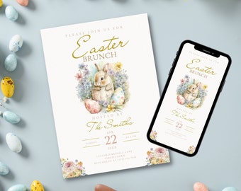 May include: A white invitation card with a watercolor illustration of a bunny rabbit holding Easter eggs. The text on the card reads "Please join us for Easter Brunch, Hosted by The Smiths, Sunday, April 22, 20XX, at 1:00 PM, 123 Cranberry Lane, Timberlake, 123-456-7890".