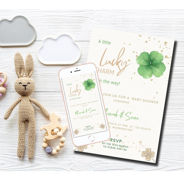 Gender Neutral Baby Shower Editable A Little Lucky Charm Baby Shower Invitation Clover Editable St Patrick' Shamrock DIGITAL DOWNLOAD MB6