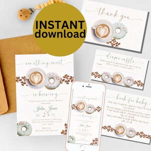 Something Sweet is Brewing Baby Shower Uitnodiging bundel bewerkbare koffie donut uitnodiging genderneutraal Canva Instant DIGITALE DOWNLOAD SS1