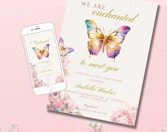 Enchanted Baby Shower Invitation Enchanted to Meet you Butterfly Invites for Girl Butterflies Baby Shower Invitation DIGITAL DOWNLOAD MB2