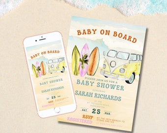 May include: A baby shower invitation with a beach theme. The invitation features a yellow and white vintage van with surfboards on the side. The text on the invitation reads "Baby on Board" and "Please join us for a baby shower honoring Sarah Richards".