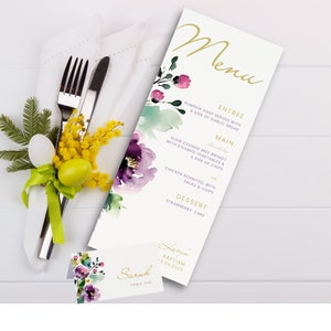 Menu e segnaposto per matrimonio moderno floreale modificabili, menu per battesimo floreale viola stampabile, menu e segnaposto viola boho DOWNLOAD immediato MBA2