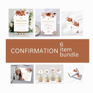 May include: A 6-item confirmation bundle with a fall floral theme. The bundle includes a welcome sign, invitation, thank you card, favor tags, cupcake toppers, and chocolate bar wrappers. The design features a cross, floral illustrations, and gold accents.