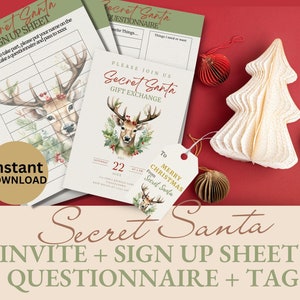 Editable Secret Santa Questionnaire, Secret Santa Bundle Printable, Christmas Party Invitation Template, Secret Santa Kit, instant Download