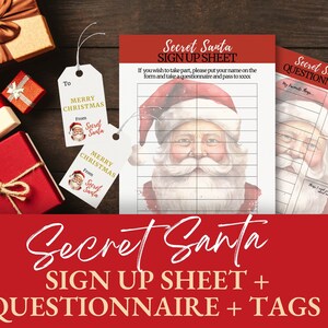 Hoja de registro imprimible para el amigo secreto, paquete de invitaciones para el amigo secreto, kit de intercambio de regalos de Navidad, paquete de lista de deseos del amigo secreto, descarga instantánea