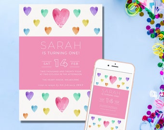 Hearts Party Invite sweetheart first birthday party invite, Editable Valentines First Birthday Invite 6x4 5X7 Template Instant Download MC71