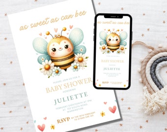 Może przedstawiać: Zaproszenie na baby shower z uroczą ilustracją kreskówkowej pszczoły. Zaproszenie jest ozdobione kwiatami i sercami. Tekst na zaproszeniu brzmi "as sweet as can bee" i "Proszę dołączyć do nas na baby shower z okazji Juliettte".
