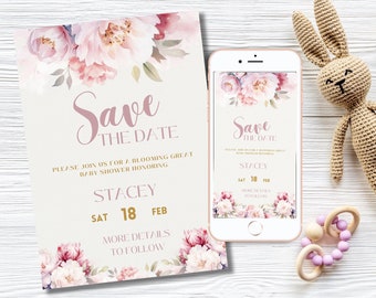 EDITABLE Pink Save the Date Boho Floral Baby Shower Save the Date Baby In Bloom Save the Date Canva DIGITAL DOWNLOAD MP1