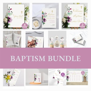 Lot d'invitations pour baptême, baptême pour filles, lot de baptême violet, baptême floral bohème, lot modifiable, décoration florale moderne TÉLÉCHARGER MBA2