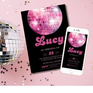 Pink Disco Ball convida Disco Ball Edite você mesmo Pink Sparkle Disco Party Convide Pink Glitterball Editável Dance Party Download instantâneo DB2