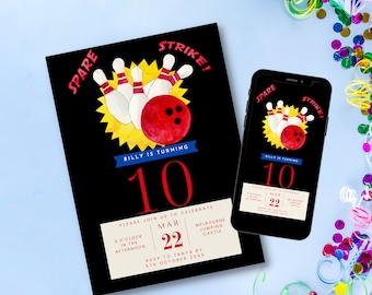 bowling birthday party invitation template kids bowling Party Invitation Bowling Digital Invite 6x4 5x7 Editable DIGITAL DOWNLOAD bg1