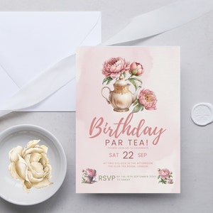 Faire-part de thé rose poudré, brunch de la mariée, invitation à un goûter, thé fille, thé de l&#39;après-midi, invitation florale TÉLÉCHARGEMENT NUMÉRIQUE MB09