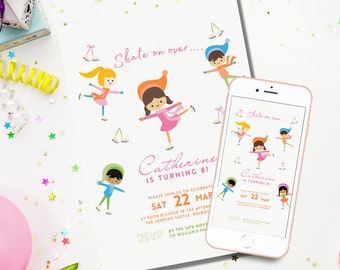May include: A pink and white invitation with a colorful illustration of children ice skating. The text reads "Skate on over... Catherine is turning 8! Please join us to celebrate Sat 22 Mar at four o'clock in the afternoon, The Jumping Castle, Melbourne. RSVP by the 14th November to William's number."