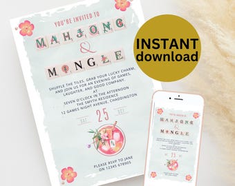 Digital Mahjong Invite Editable Girl Game Night Invitation Mahjong Party Card Watercolor Mahjong Party Invite Mahj On Party Digital Download