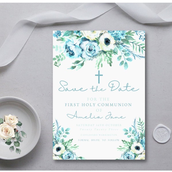 Editable Teal Green Floral Printable First Holy Communion Save the Date Announcement Template Greenery Boho style, DIGITAL DOWNLOAD MC0011