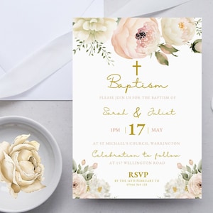 Baptism Invitation Template, Twin Invitation, Boho Baptism Invitation, Girl Baptism Invitation, Watercolor Baptism,  DIGITAL DOWNLOAD MC07