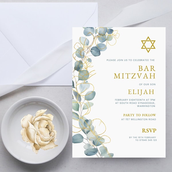 Greenery Bar Mitzvah Invitation Template, Editable Bar Mitzvah Canva Invitation, Printable Bar Mitzvah Invite Template, DIGITAL DOWNLOAD MC2