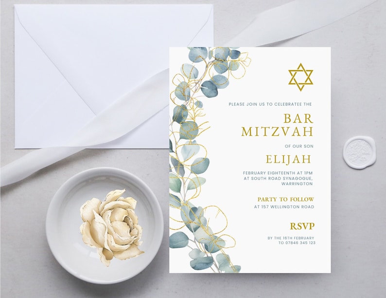 Greenery Bar Mitzvah Invitation Template, Editable Bar Mitzvah Canva ...