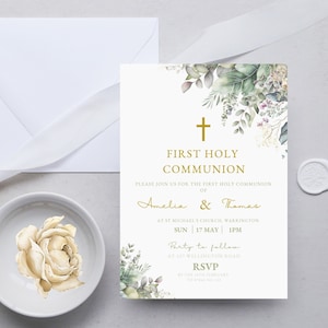 Twin Greenery First Holy Communion Invitation, Green Gold First Communion Invite, First Holy Communion Editable Invite DIGITAL DOWNLOAD MC09