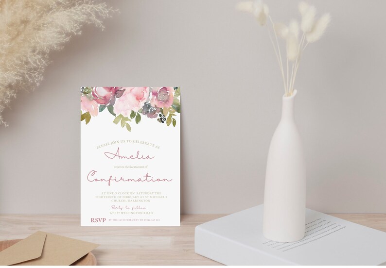 Blush Pink Floral Confirmation Invitation Template, Printable Catholic ...