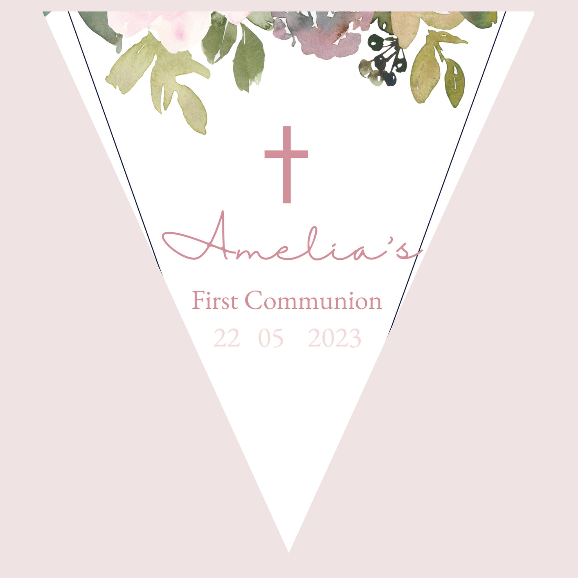 Printable Pink Floral First Communion Bunting 5x7 Printable Template in ...