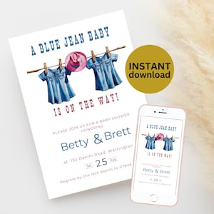 Digital Blue Jean Baby Shower Invite Printable Template Editable Denim Invitation Digital Printable Baby Shower Card Boy Theme DOWNLOAD BJ9