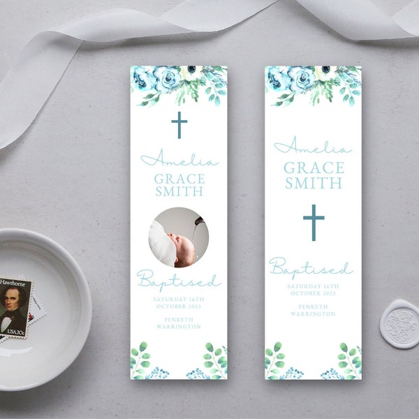 Élégant Baptême vert et crème Floral Printable Favor Bookmark 2.1"x 8.6 » 2 designs pour les fêtes, Editable Bookmark DIGITAL DOWNLOAD MC0010