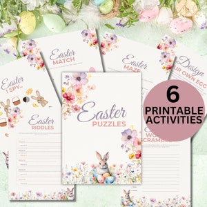 May include: Six printable Easter activity sheets with a floral design. The activities include: I Spy, Match, Maze, Riddles, Puzzles, and Design Your Own Egg.