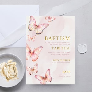 Taufeinladung herunterladbare Taufe Einladen Mädchen Schmetterling, rosa und Gold Schmetterling Taufe LDS Taufe Mädchen, DIGITAL DOWNLOAD MC17