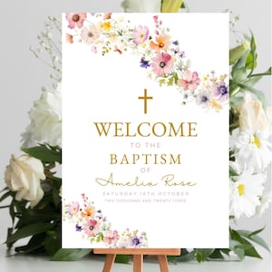 Placa de boas-vindas para batismo de flores silvestres, modelo de placa de boas-vindas para batismo, placa floral Boho para impressão, placa de boas-vindas para batismo DOWNLOAD DIGITAL MC6