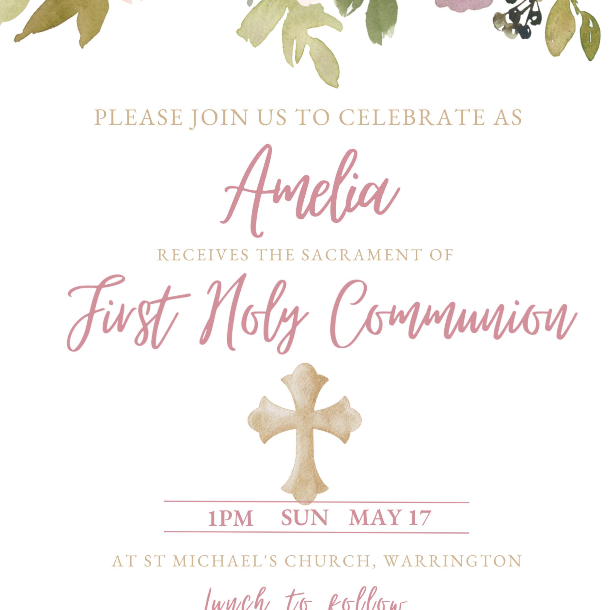 Blush Pink Floral First Holy Communion Invitation Template With Cross ...