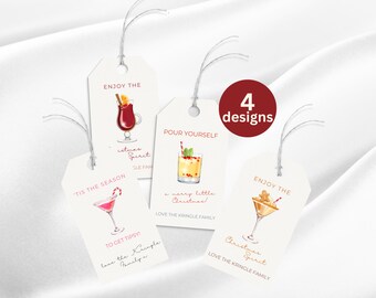 Bewerkbare feestelijke cocktailcadeautag, kerstgeest cadeaukaartjesjabloon, vakantiecocktail, afdrukbare vakantiealcoholtag, instant download