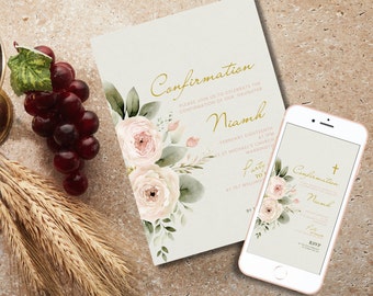 May include: Confirmation invitation with a floral design featuring white and pink roses and green leaves. The invitation is for Niamh's confirmation on February 18th at 1 p.m. at St. Michael's Church in Warrington. The invitation also includes details for a party to follow at 157 Wellington.