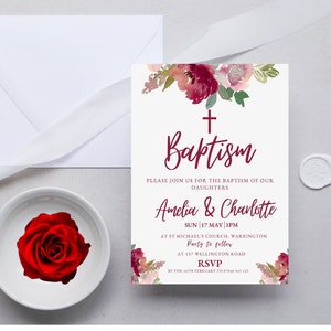 Twin Red Floral Baptism Invitation Template, Printable Baptism Invite Twin  Girl Baptism, Religious Invitation, DIGITAL DOWNLOAD MC0016