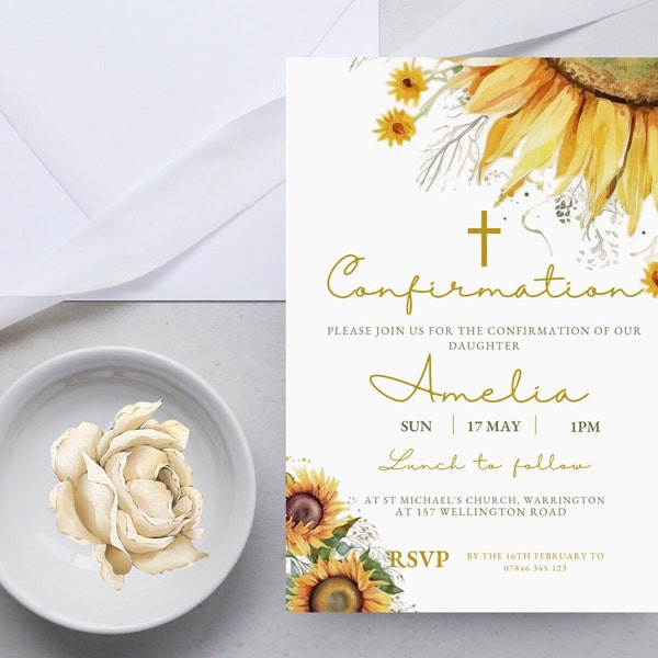 Modern Confirmation Invitation, Girl Confirmation Invitation Template, Sunflower Invite Template, Boho Floral DIGITAL DOWNLOAD MC4