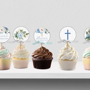 Adornos para tartas de confirmación personalizados, adorno para cupcakes imprimible, decoración floral azul para tartas, fiesta de confirmación de niñas, DESCARGA DIGITAL MC018