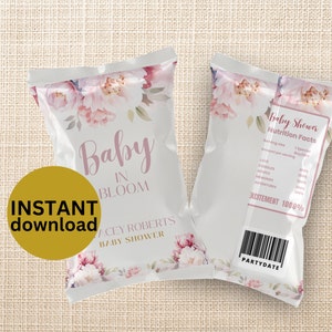Blush Pink Floral Chip Bag Template Printable Snack Treat Favor Chip Bag Editable Blush Bag Wrapper BabyShower Chip Bag DIGITAL DOWNLOAD MP1