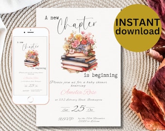 May include: A white baby shower invitation with a stack of books decorated with flowers. The invitation reads "A new chapter is beginning" and includes the name Amelia Rose, the date and time of the shower, and the address.
