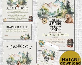 Paquete de invitaciones editables para baby shower con temática de bosque y aventura para niño. Descarga digital en MB2.